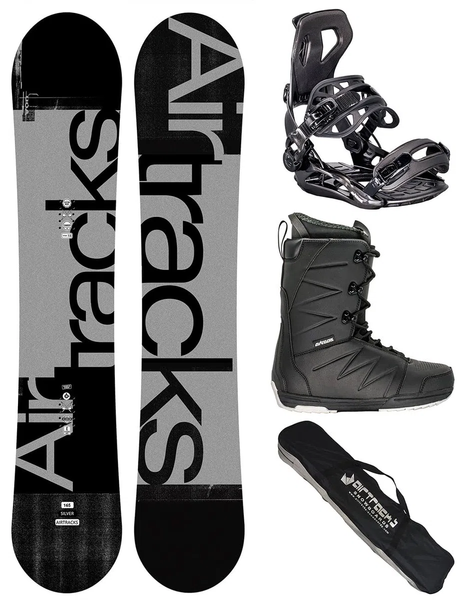 Airtracks Set snowboard da uomo Wide Silver Freestyle Freeride 159 – Snowboard Bindung Master – Softboots Star 46 – SB Bag
