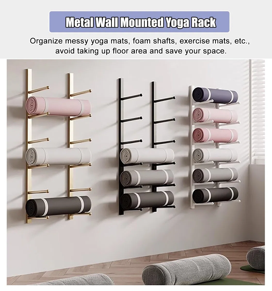 Supporto per Tappetino da Yoga Porta Tappetini Yoga da Parete, Porta Tappetino Yoga a Muro Organizzatore Palestra, Accessori Fitness per La Casa Stoccaggio per Cinghie Yoga Pilates Tappetini Rullo di