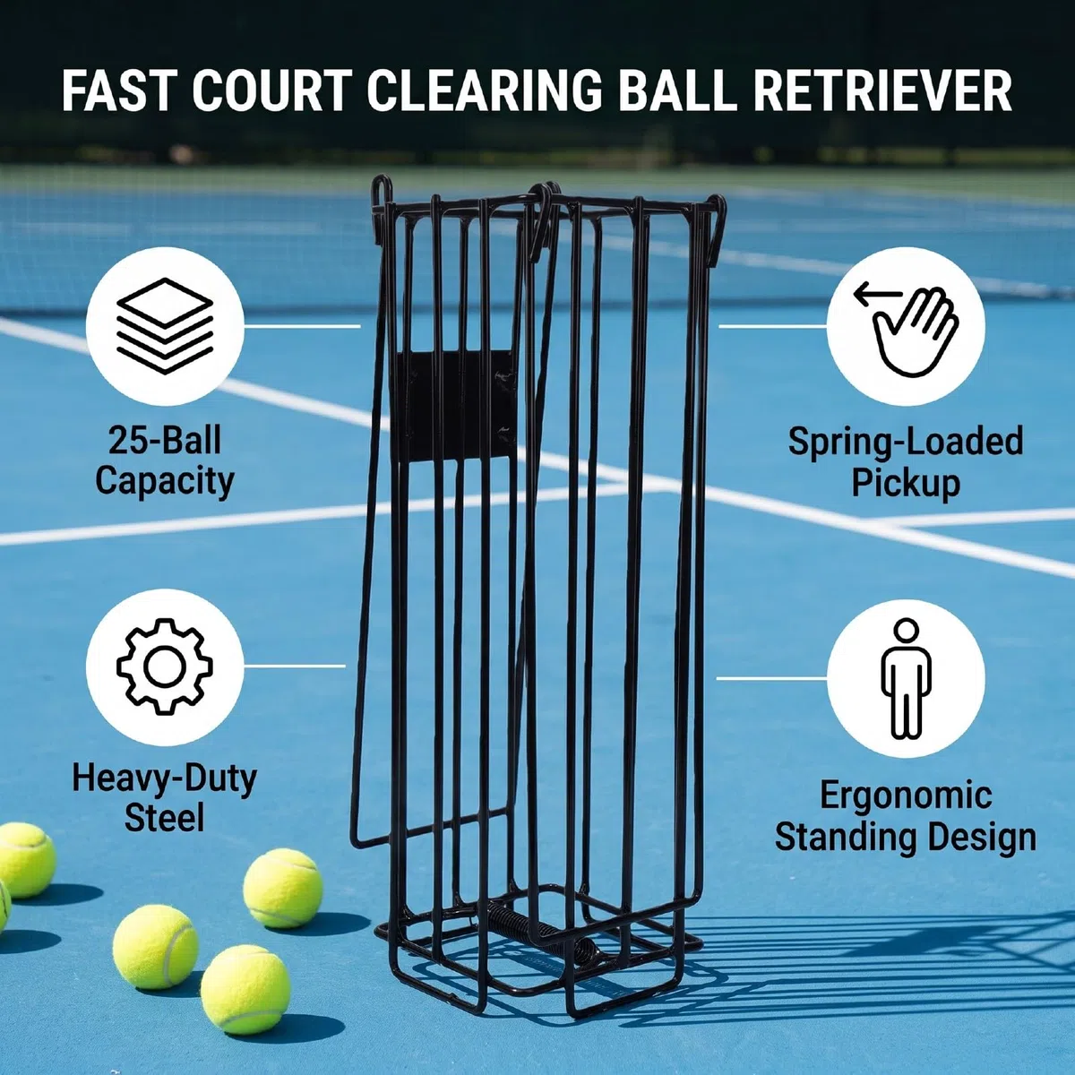 banapoy Cestino Raccoglitore Portatile per Palline da Tennis, Raccolta | Può Contenere Fino a 25 Palline, Raccolta Rapida, Raccolta a Molla, Raccoglitore di Palline con Manico Lungo per