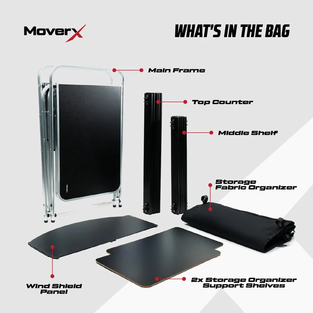 MoverX Cucina da campeggio pieghevole portatile con parabrezza, unità da campeggio pieghevole pop-up, armadio esterno 5 ripiani telaio in alluminio portatile per feste in giardino, picnic, supporta 30