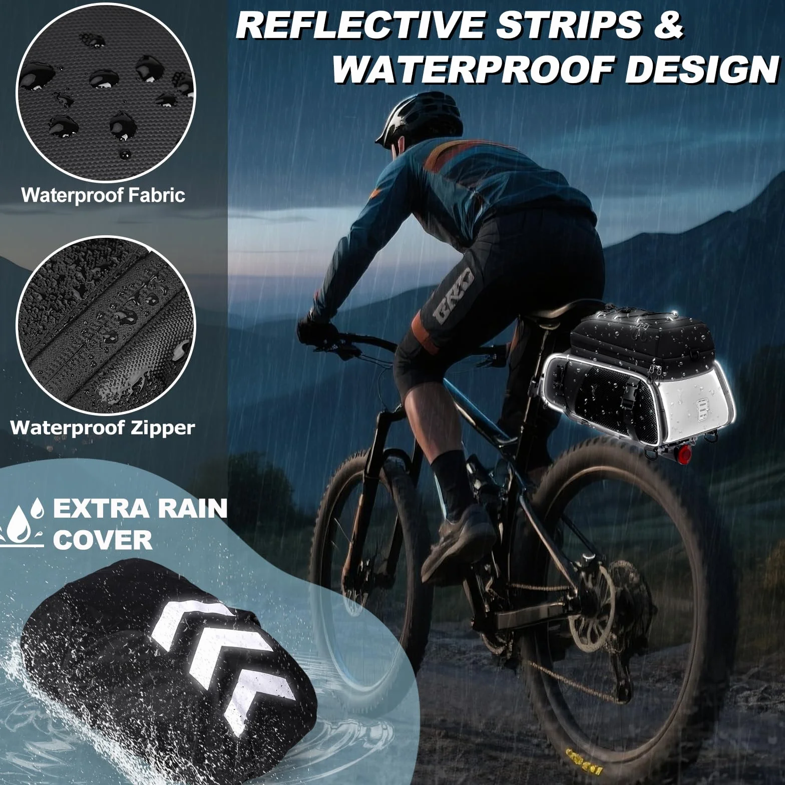 RAINSMORE 3 in 1 Borsa Bici Posteriore 15L Impermeabile Borse per Bicicletta Posteriori con Copertura Antipioggia e Striscia Riflettente Nero