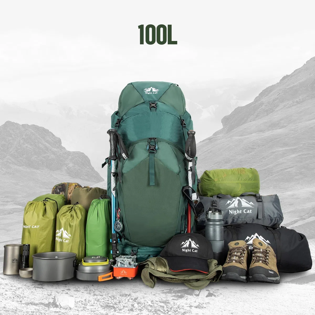 Night Cat 100L Zaino da Hiking Trekking: Unisex Grande Zaino da Travel Per Gli Uomini Donne di Esplorazione Viaggio Avventura