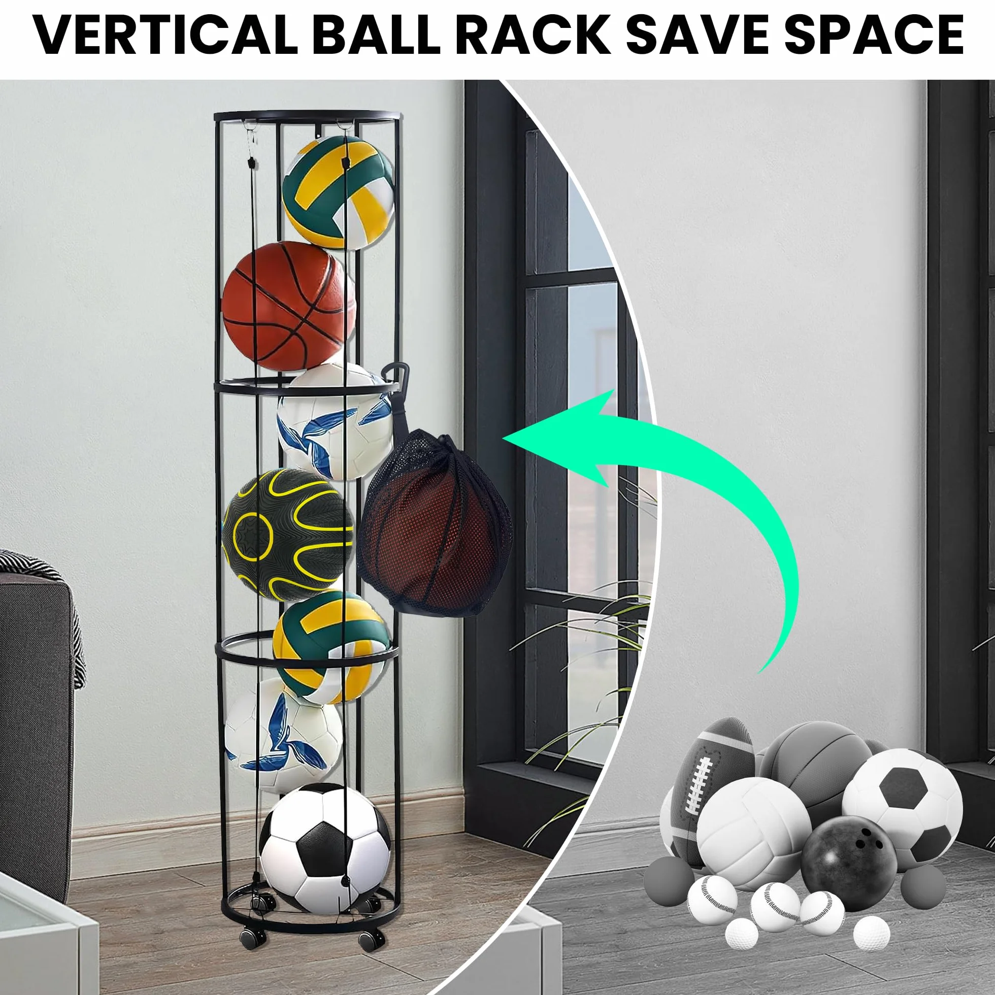 Shiawase 3 Livelli Rastrelliera per Palloni con Ruote, Portapalloni Verticale, Portapalloni Rimovibile Portapalloni Sportivo, Scaffale Stoccaggio Attrezzature Sportive, per Attrezzature Sportive