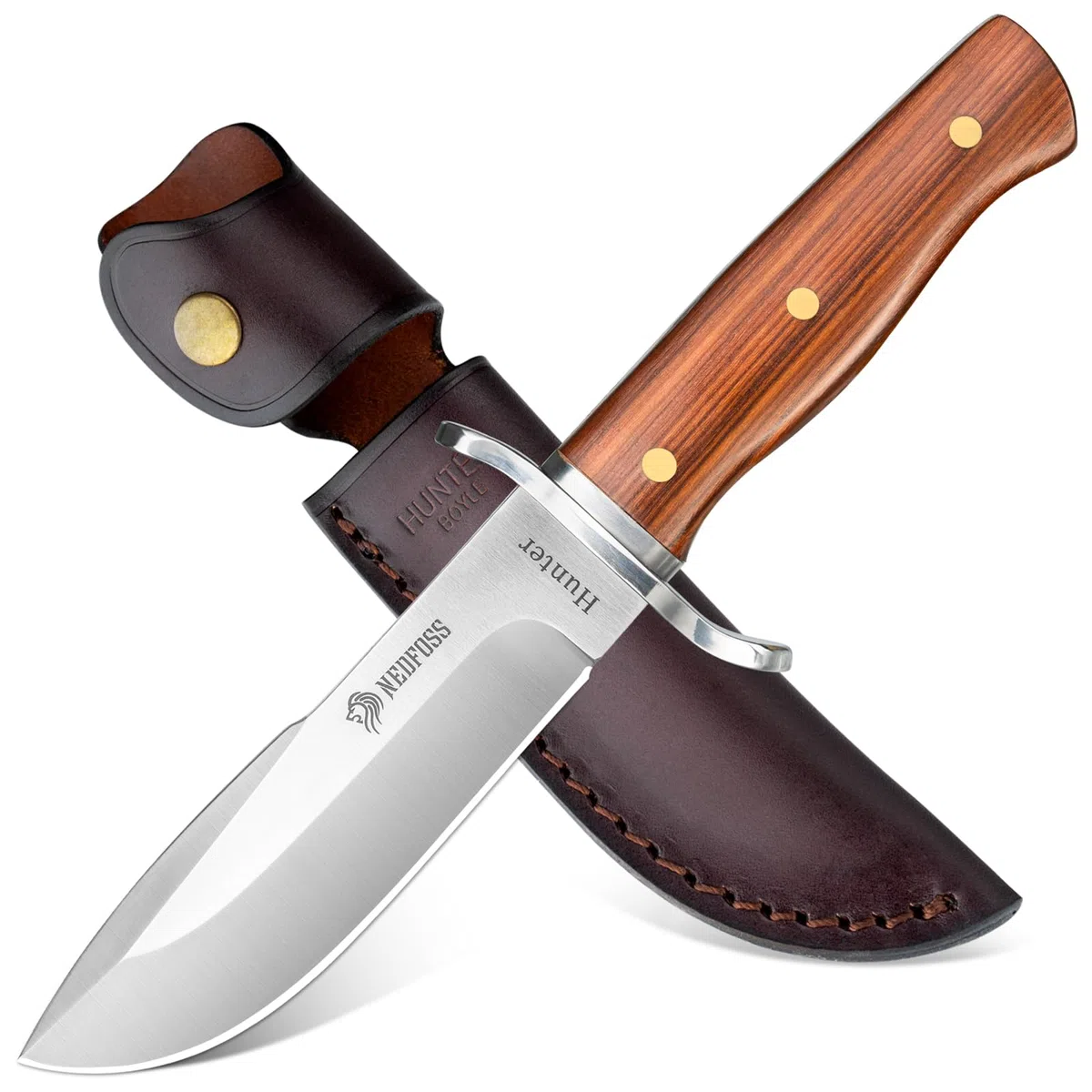 NedFoss Coltello da caccia affilato Hunter, coltello da sopravvivenza per esterni, affilatore D2 con squisita custodia in pelle, manico in legno rosso, 59-60HRC, extra affilato, marrone