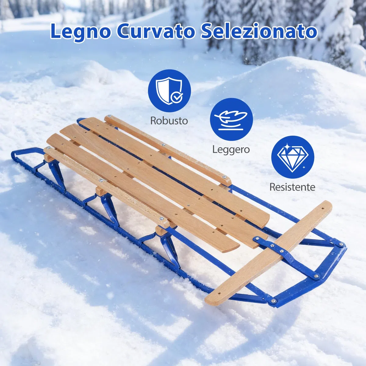 COSTWAY Slittino da Neve, Slittino per Bambini e Adulti con Barra di Direzione, Fori Preforati e Maniglie, Slitta da Neve in Legno e Metallo Vernicato, Carico Massimo 150 kg