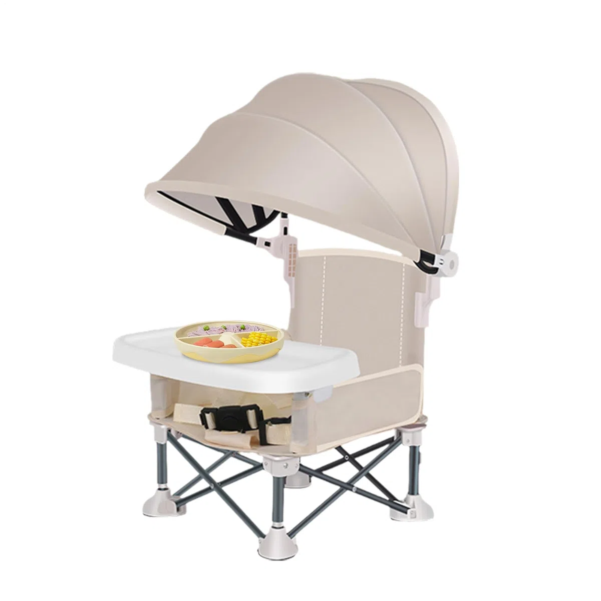 Seggiolino portatile da viaggio per bambini, con vassoio per mangiare, pieghevole, con tettuccio parasole, per casa, picnic, viaggi, prato, campeggio, spiaggia