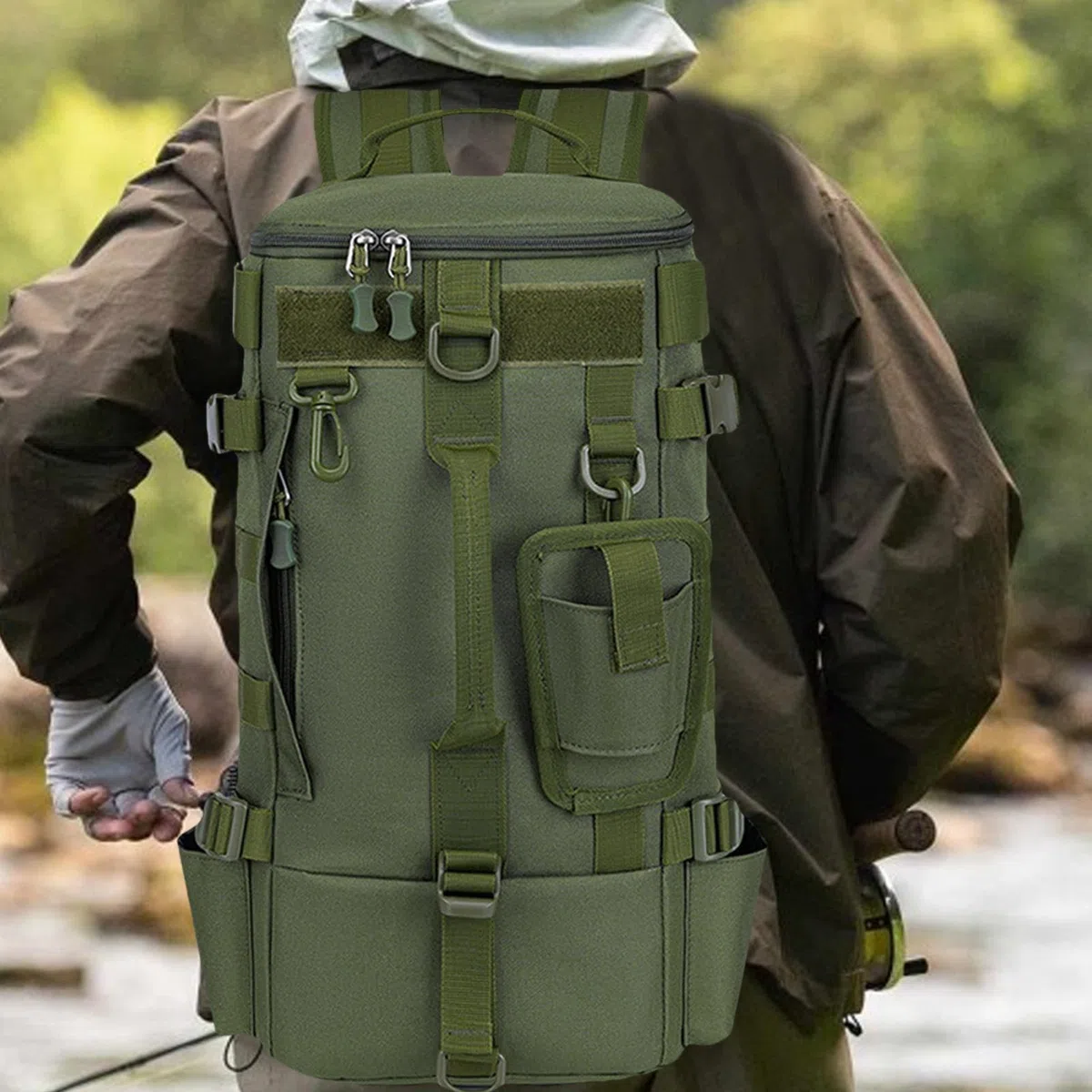 Zaino per attrezzatura da pesca, borsa da pesca all'aperto con supporti | per canne, borsa da viaggio, pesca, grande spazio per campeggio ed escursionismo, Verde militare, Refer to description, Unise