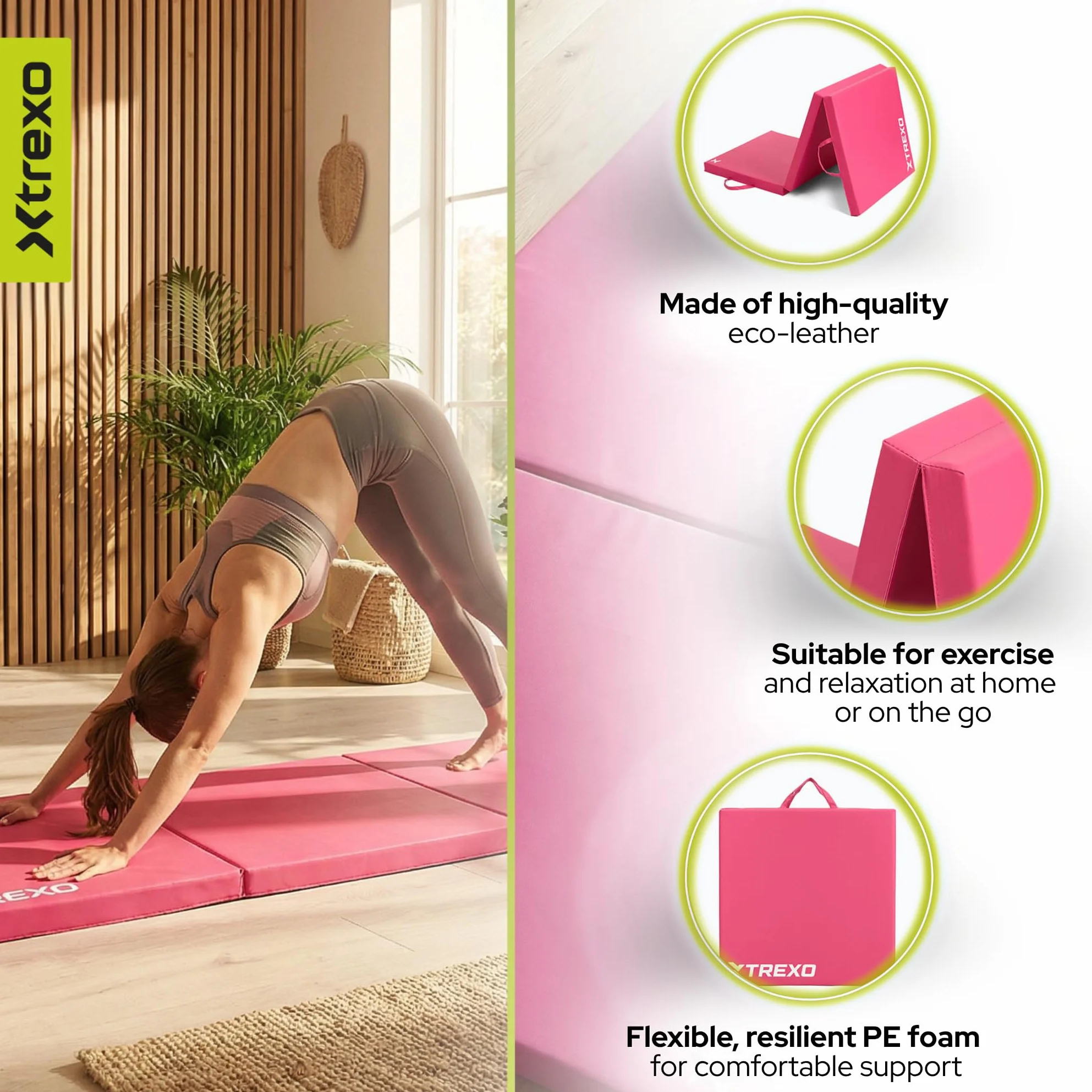 TREXO Materasso da ginnastica pieghevole, 180 x 60 x 5 cm, 3 pezzi, rivestimento in pelle ecologica resistente all'abrasione, schiuma PE flessibile, maniglia per il trasporto, facile da pulire