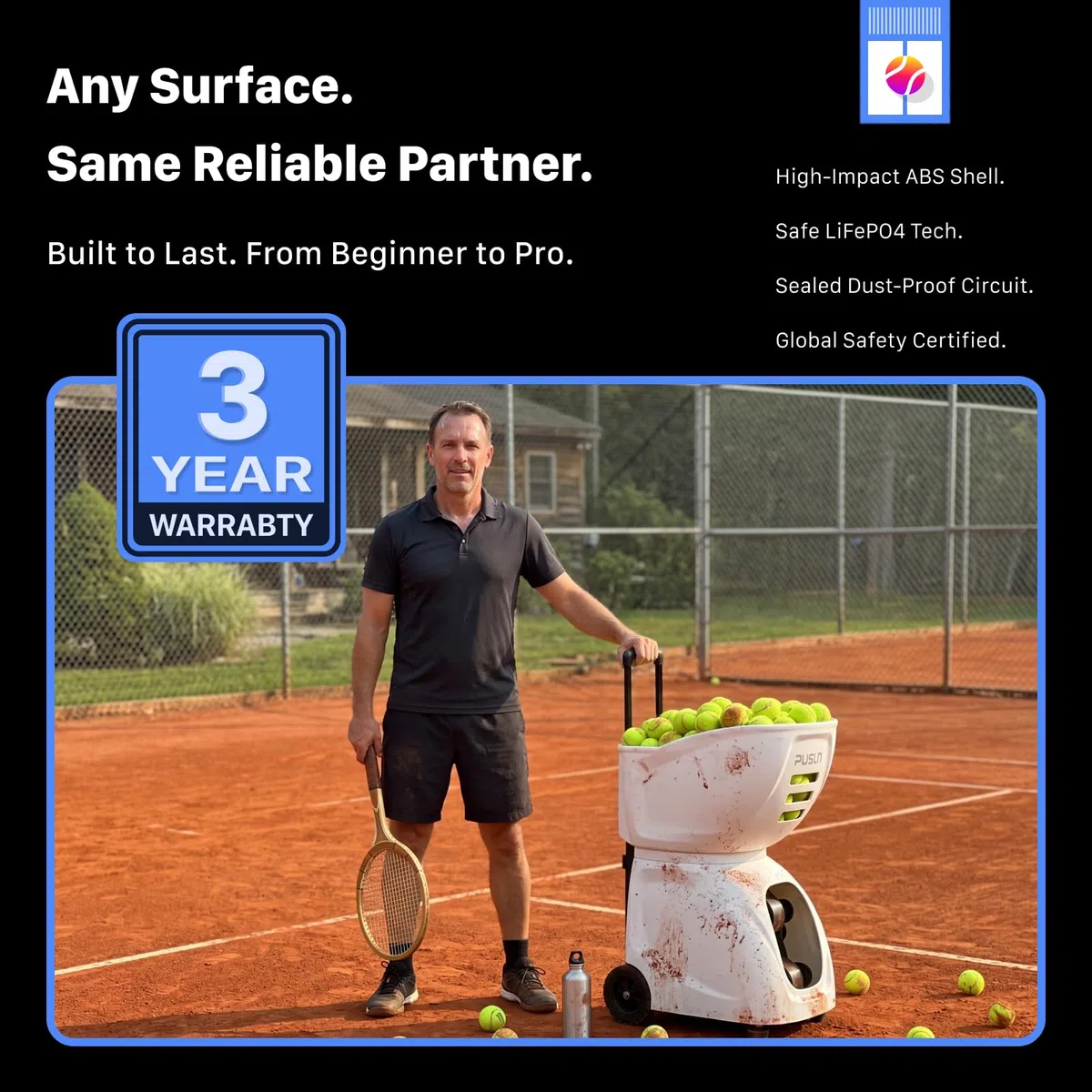 PUSUN PT-MAX C Flagship Tennis & Padel Ball Machine: App Control, 12 modalità di allenamento, oscillazione interna, 87 MPH, batteria 8H, capacità 120 palline, per tennis e padel per professionisti e