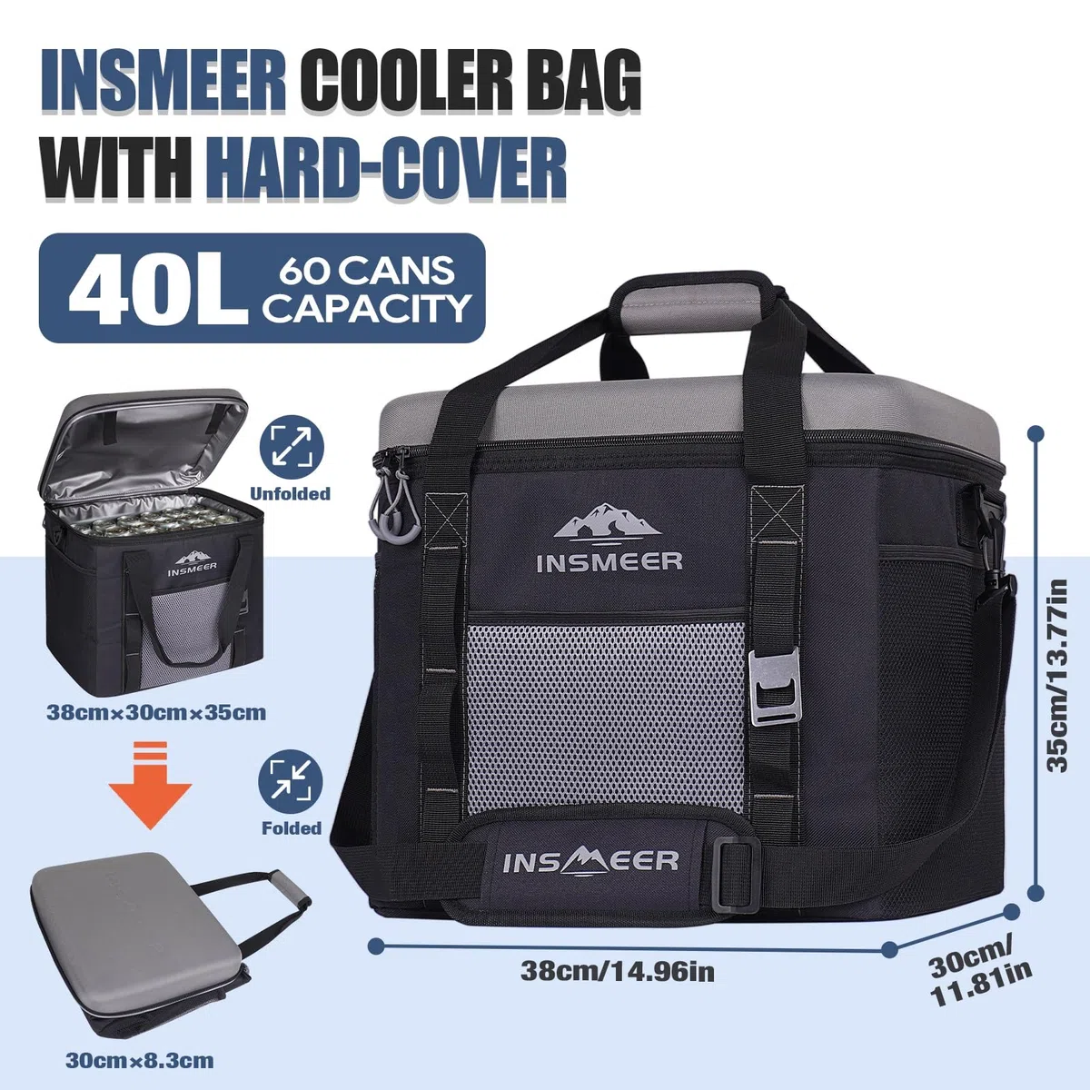 INSMEER Grandeborsa frigo da 40 l, 60 lattine, pieghevole, con coperchio rigido in EVA per bevande, borsa termica per 4 persone, campeggio, spiaggia, viaggi