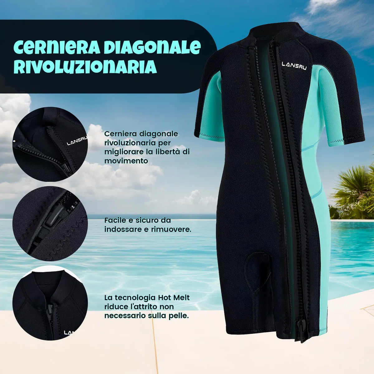 Muta in neoprene per bambini – 2,5 mm SCR, tuta corta sicura con protezione UV, cerniera anteriore obliqua, mantiene gli adolescenti caldi in acqua fredda