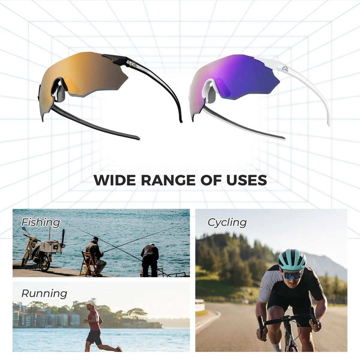 ROCKBROS Occhiali Ciclismo Polarizzati Uomo Donna Senza Montatura | Protezione UV400, Regolabile Leggero Antiscivolo, Occhiali da Sole per Bici MTB Corsa Pesca Guida
