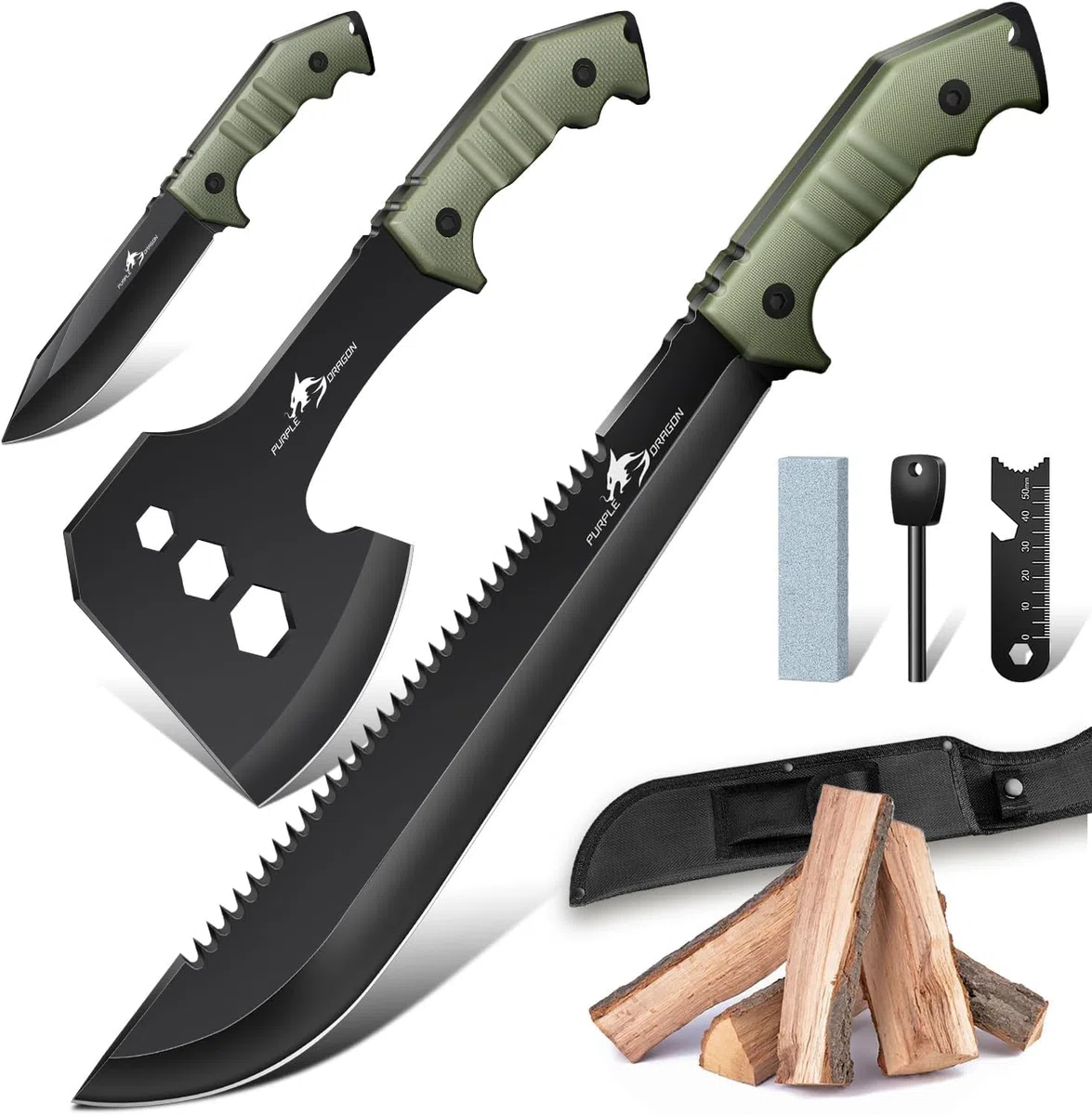 Purple Dragon Set di Coltelli Grandi Ascia Spaccalegna con Fodero, Tomahawk con Manico Full Tang in Acciaio D2 in un Unico Pezzo, Coltello Sopravvivenza Lama Fissa, Coltello Regali per Uomini