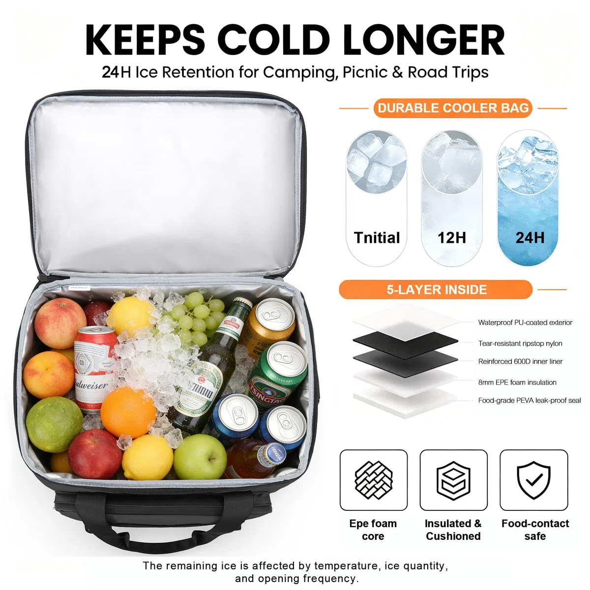 Borsa frigo da 40 l, grande, pieghevole, impermeabile, a doppia parete, borsa termica isolata, borsa da picnic