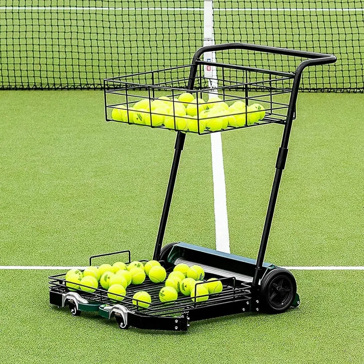 Carrello per raccogliere palline da tennis e tramoggia, facile da collezionare, raccoglie 90 palline alla volta, può contenere fino a 290 palline da tennis, ideale per campi da tennis