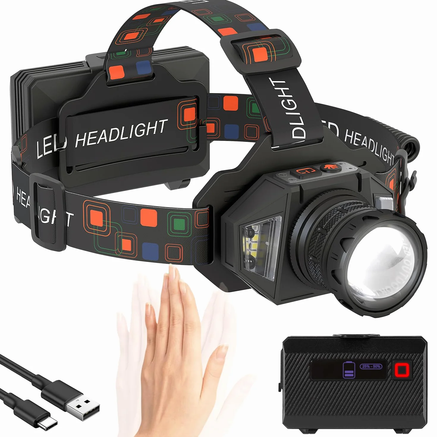 Lampada Frontale Super Luminosa, Potente con Sensore e Regolabile a 90° | 9 Modalità di Illuminazione, Extra lungo Autonomia, IPX4 Impermeabile, Perfetta per Campeggio, Ciclismo, Pesca