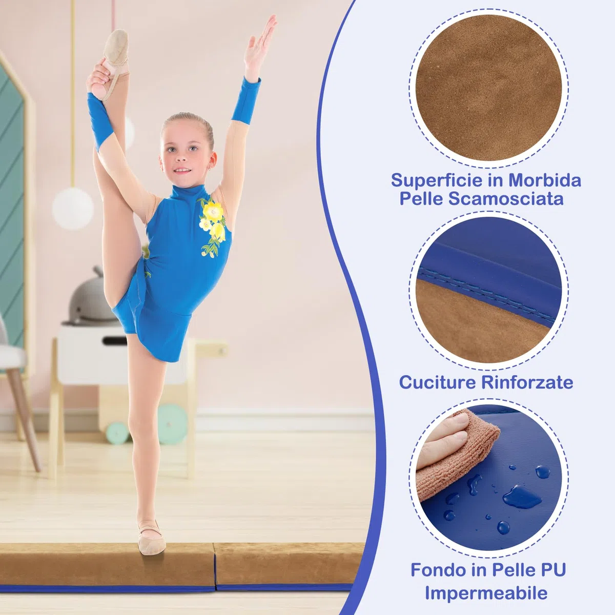 COSTWAY Trave da Ginnastica per Bambini Pieghevole 240 cm, Trave di Equilibrio Portatile conSuperficie in Pelle Scamosciata e Schiuma Morbida, Attrezzatura per Ginnastica a Casa
