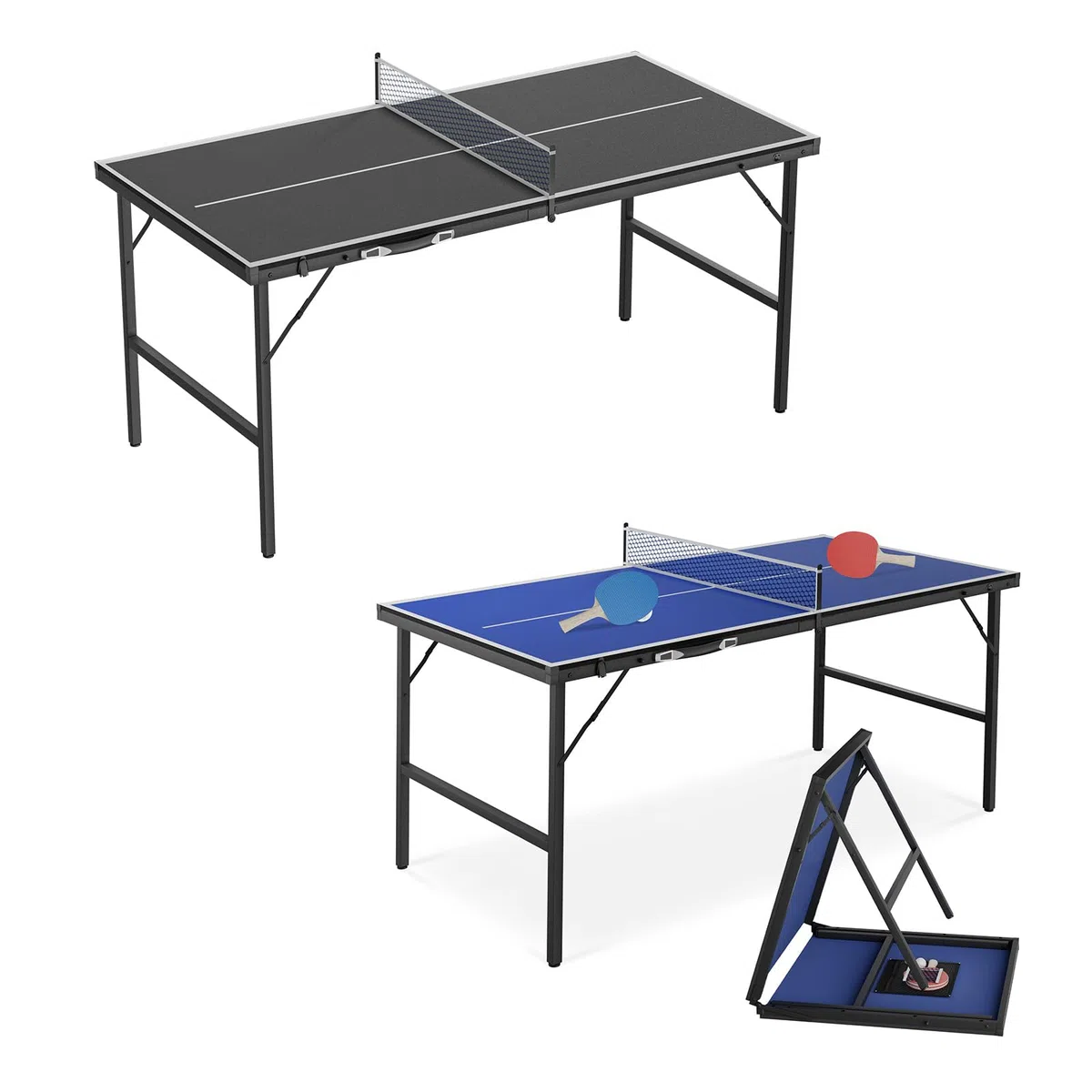 LILIIN Mini tavolo da ping pong pieghevole, design a valigetta, per interni ed esterni, pannello in MDF con rete, 2 racchette e 5 palline, borsa per il trasporto integrata, nero/blu, 152,5 x 76 cm