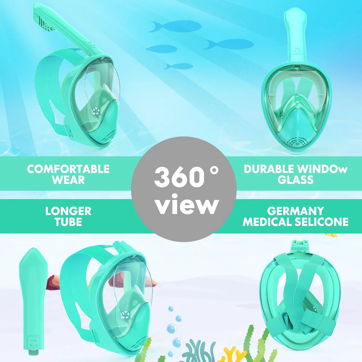 Maschera da snorkeling per bambini da 2 a 14 anni, con supporto per fotocamera, vista panoramica a 180 gradi, set anti-appannamento e anti-perdite