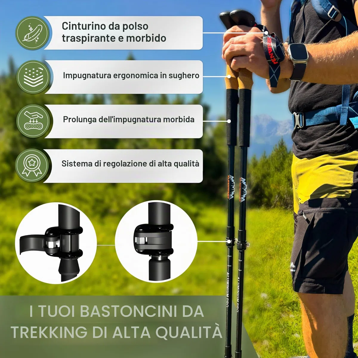 ALPENWERT Bastoni da trekking [carbonio o alluminio] Bastoni da passeggio per uomo e donna – Bastoni da trekking telescopici con manico in sughero per escursioni, nordic walking e sci alpinismo