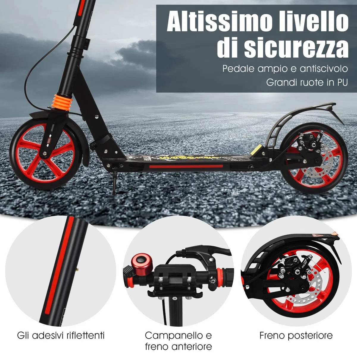 GOPLUS Pieghevole Monopattino a Spinta, 3 Altezze Regolabili, Doppio Freno, con Campanello, Maniglia in Gomma, 2 PU Ruote di 200mm, 95 x 37 x 86,5-101cm, Verde/Nero/Bianco/Blu/Rosso
