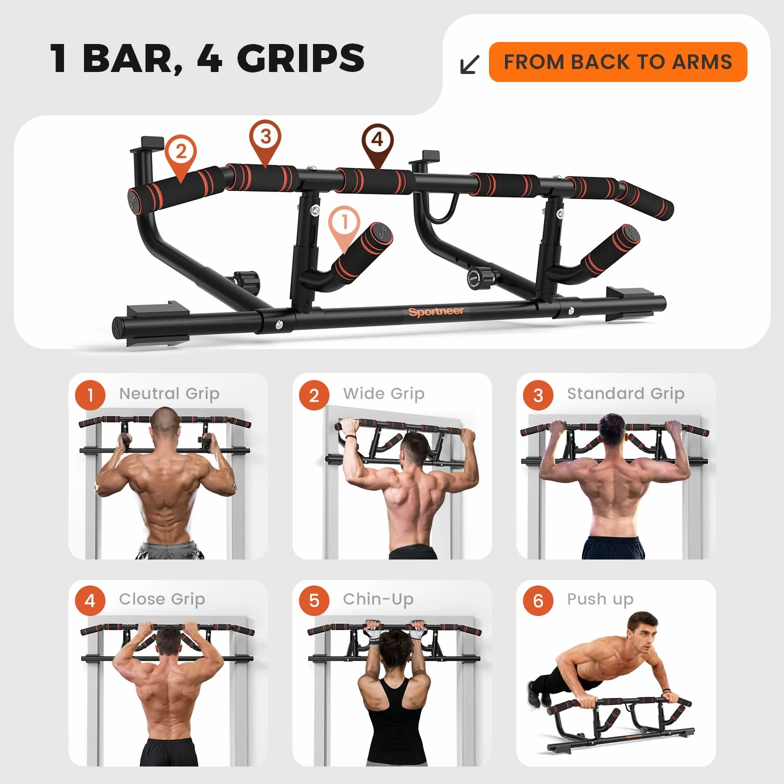Sportneer - Sbarra per trazioni da telaio di porta con maniglia pieghevole, barra per mento per allenamento di forza per fitness della parte superiore del corpo, capacità fino a 200 kg