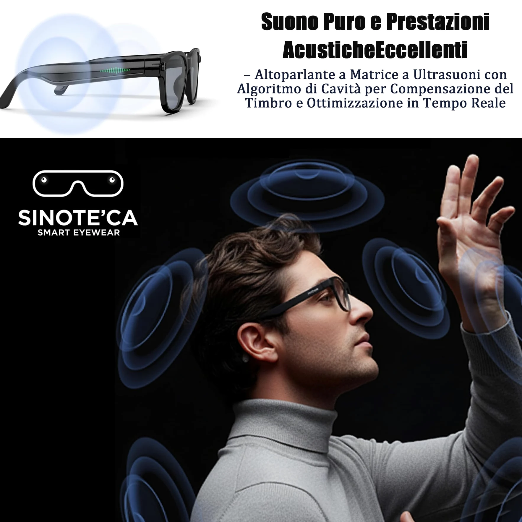 SINOTE'CA AI Smart Glasses con Telecamera 8MP, Occhiali Intelligenti Bluetooth, Occhiali da Sole con Videocamera Integrata, Traduzione in Tempo Reale, Musica Open-Ear, Microfono Dual Noise Reduction