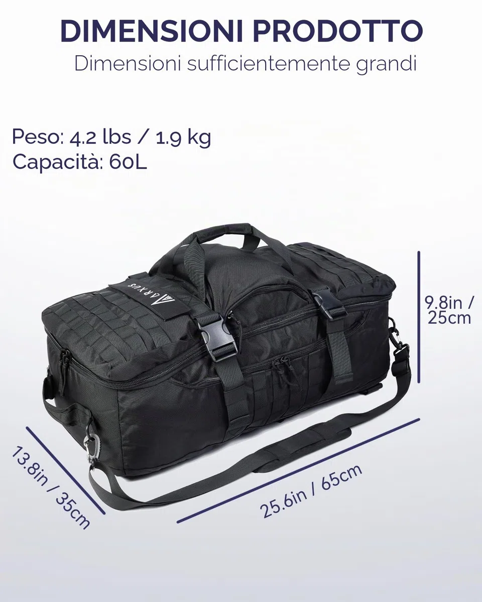 Arxus Zaino Tattico 60L, Borsone da Viaggio e Sport per Uomo Donna, 3 in 1 Zaini Bagaglio a Mano Borsa a Tracolla, Grande All'aperto Backpack per Trekking Escursionismo Campeggio