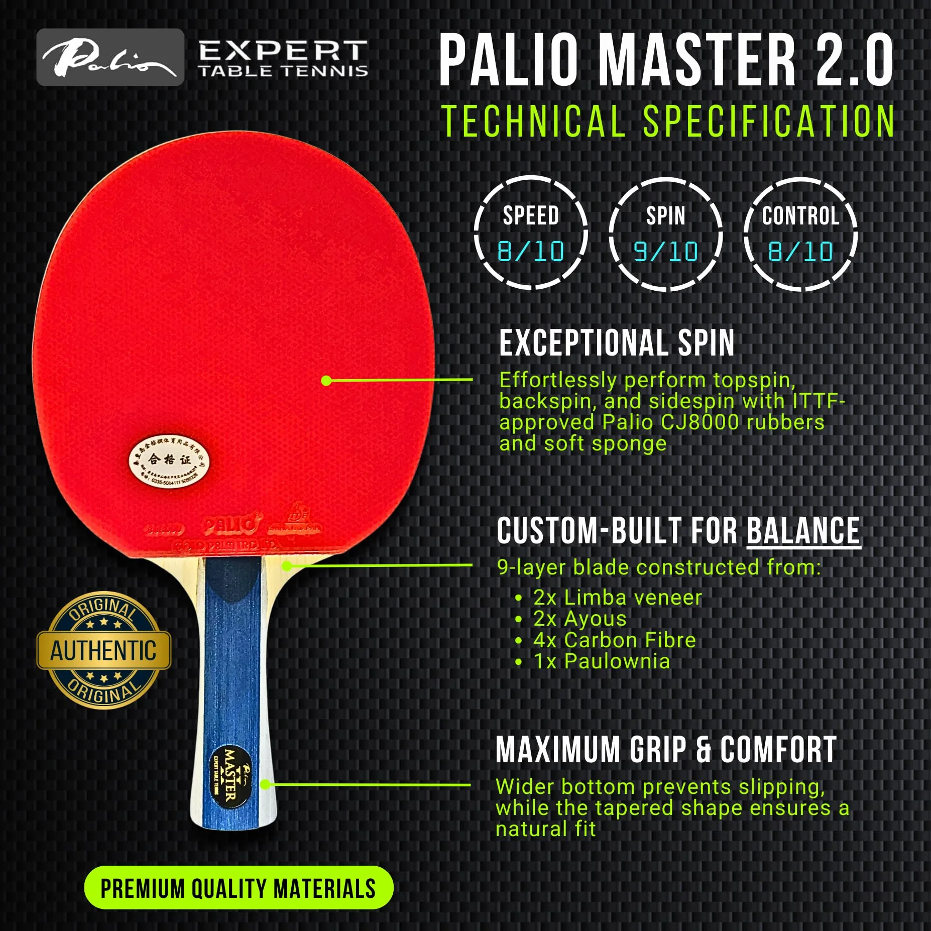 Palio Master 2.0 - Racchetta da ping pong intermedia con custodia, approvata ITTF, rotazione completa, velocità e controllo