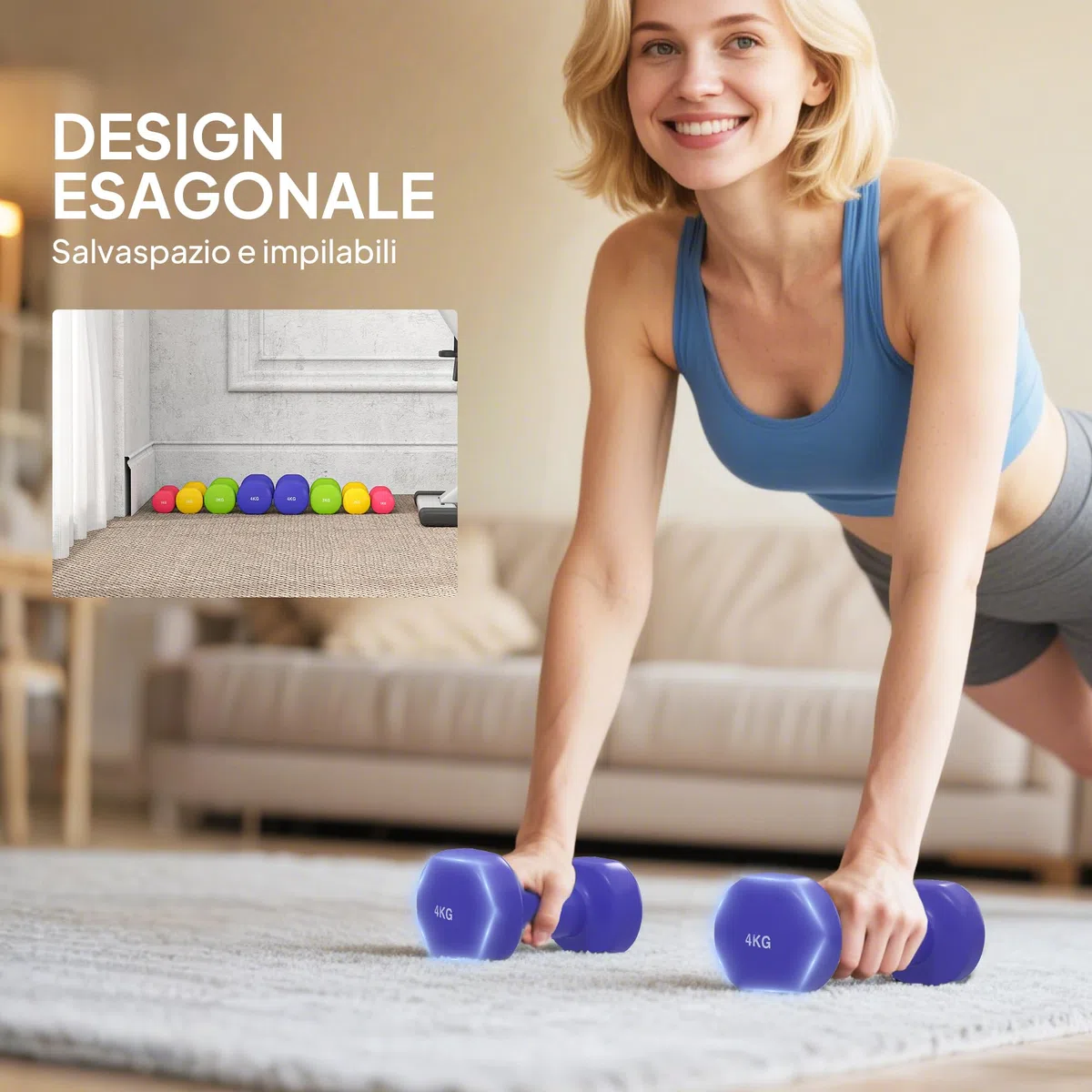 HOMCOM Set 8 Manubri da 20 kg con Design Esagonale, Pesi da Palestra in Acciaio e PU da 2x1kg, 2x2kg, 2x3kg, 2x4kg, Multicolore