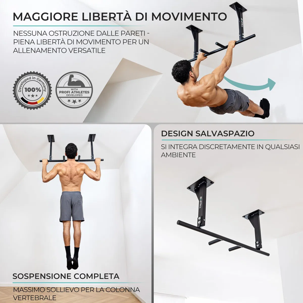 PULLUP & DIP Barra per trazioni da soffitto, portata 180 kg, impugnature antiscivolo a 5 prese per esercizi e pull-up, ideale per palestra domestica