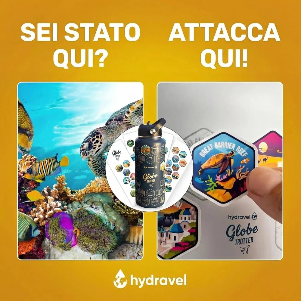 Borraccia Termica GLOBE TROTTER con 50 Adesivi dei Posti più BELLI del Mondo - Ottima Idea Regalo per Viaggiatori - 1 LT, Acciaio Inox, bevande Calde per 12h/Fredde 24h (Blu)