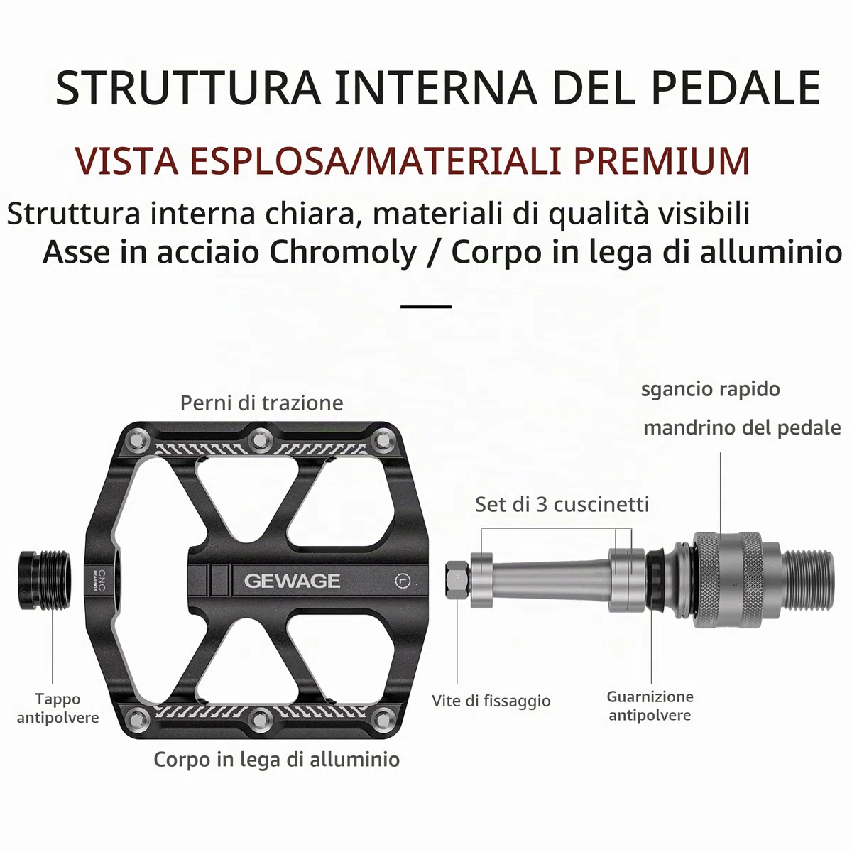 GEWAGE Pedali da bicicletta a sgancio rapido 9/16" – Pedale piatta in alluminio CNC rimovibile con 8 pin antiscivolo e catarifrangenti per bici pieghevoli, fixie, singlespeed e bici da città