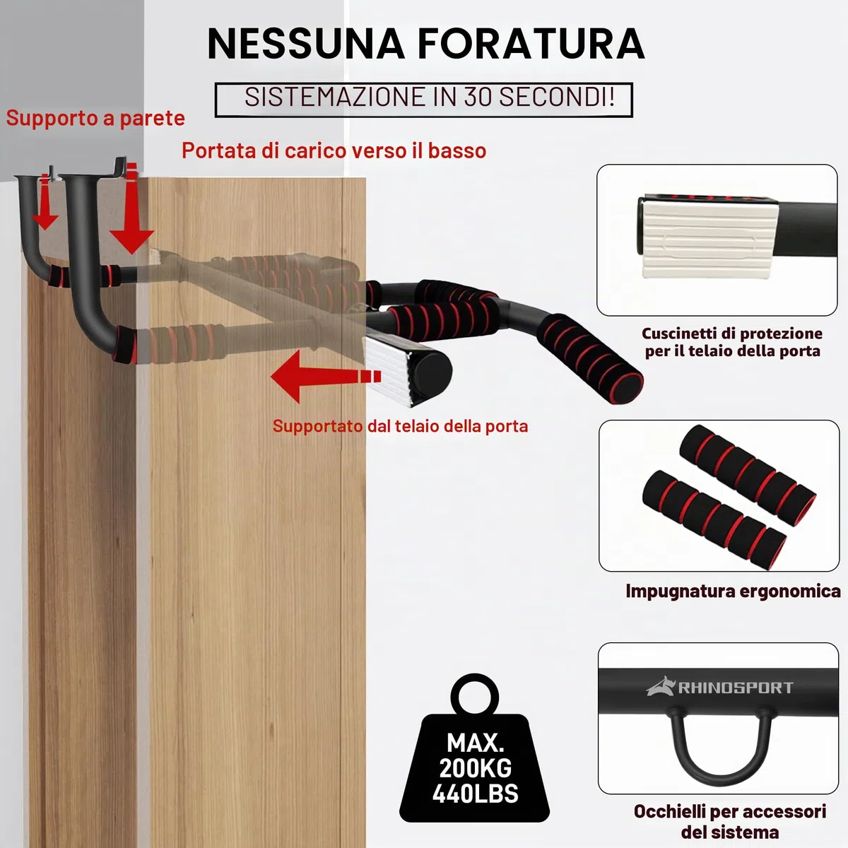 Rhinosport Barra per trazioni Multifunzione Sbarra Trazioni, Barra per Porte, Regolabile da 65 cm a 92 cm senza viti （Extra gratuito maniglie ）