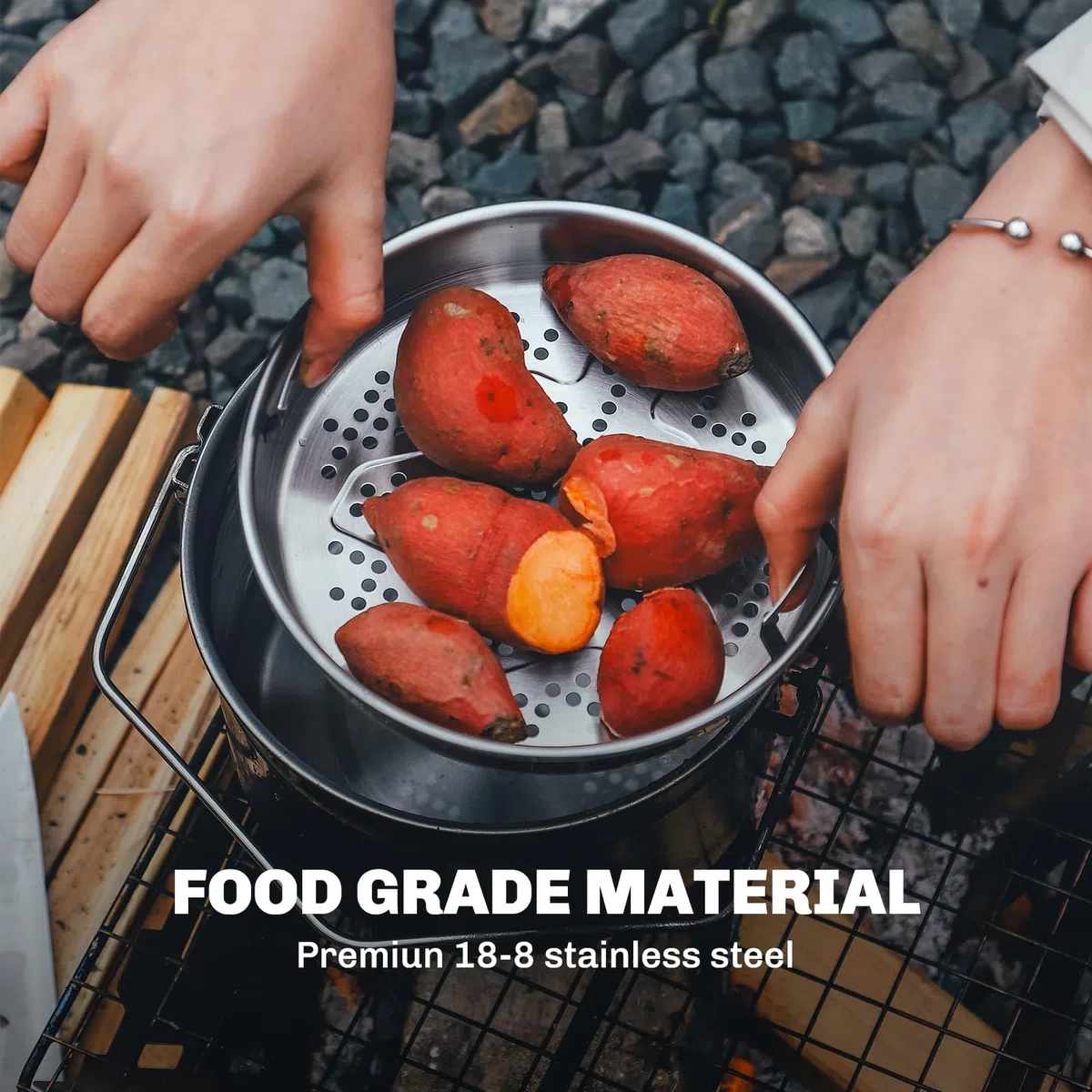 Fire-Maple Antarcti Pentola da Campeggio in Acciaio Inossidabile da 1,8L con Cestello per Cottura a Vapore – Pentola Sospesa per Fuoco da Campo con Manico Pieghevole per Cucina all'Aperto e Bushcraft