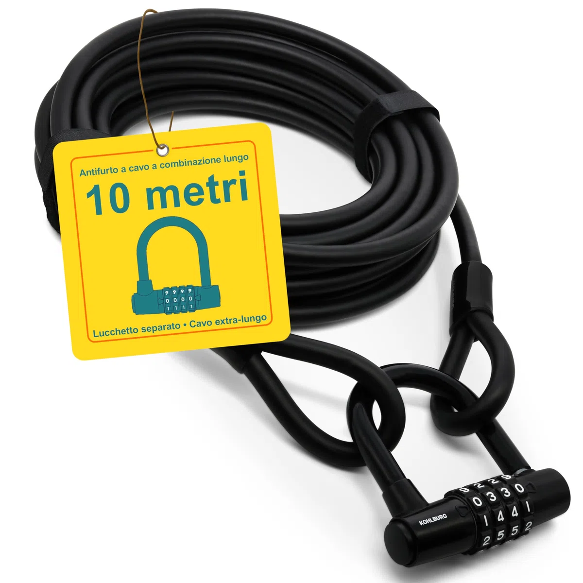 KOHLBURG Antifurto a cavo e combinazione [lungo 10 metri] cavo in acciaio rivestito con fascette e lucchetto a codice più biciclette, barche, mobili da giardino – lucchetto a cavo 10m