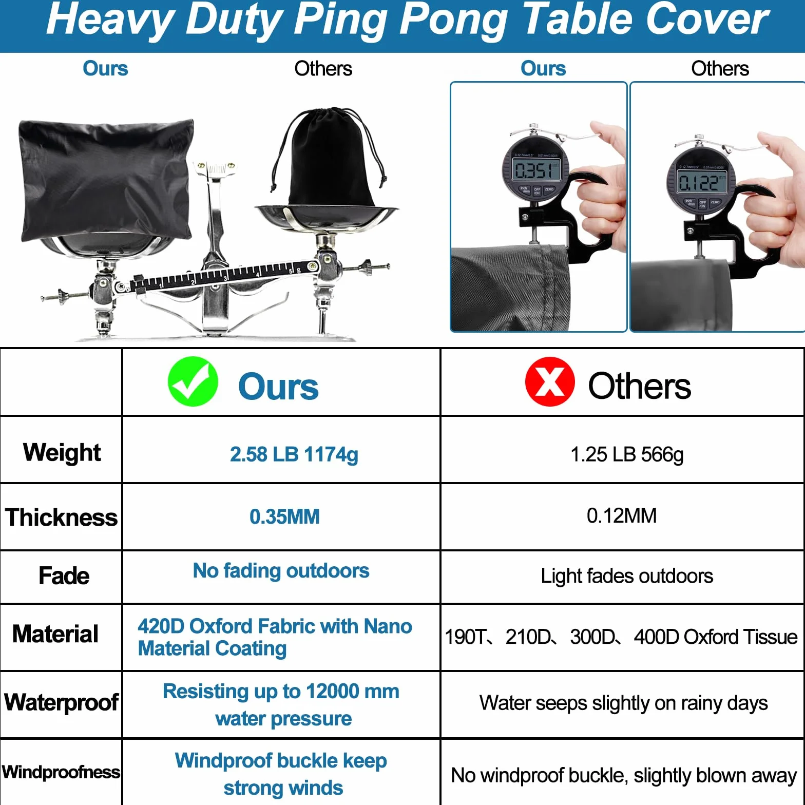 Copertura impermeabile per tavolo da ping pong, 420D, con 2 fibbie antivento, tasca per pagaia e presa d'aria, copertura universale per tavolo da ping pong, 165 x 70 x 185 cm