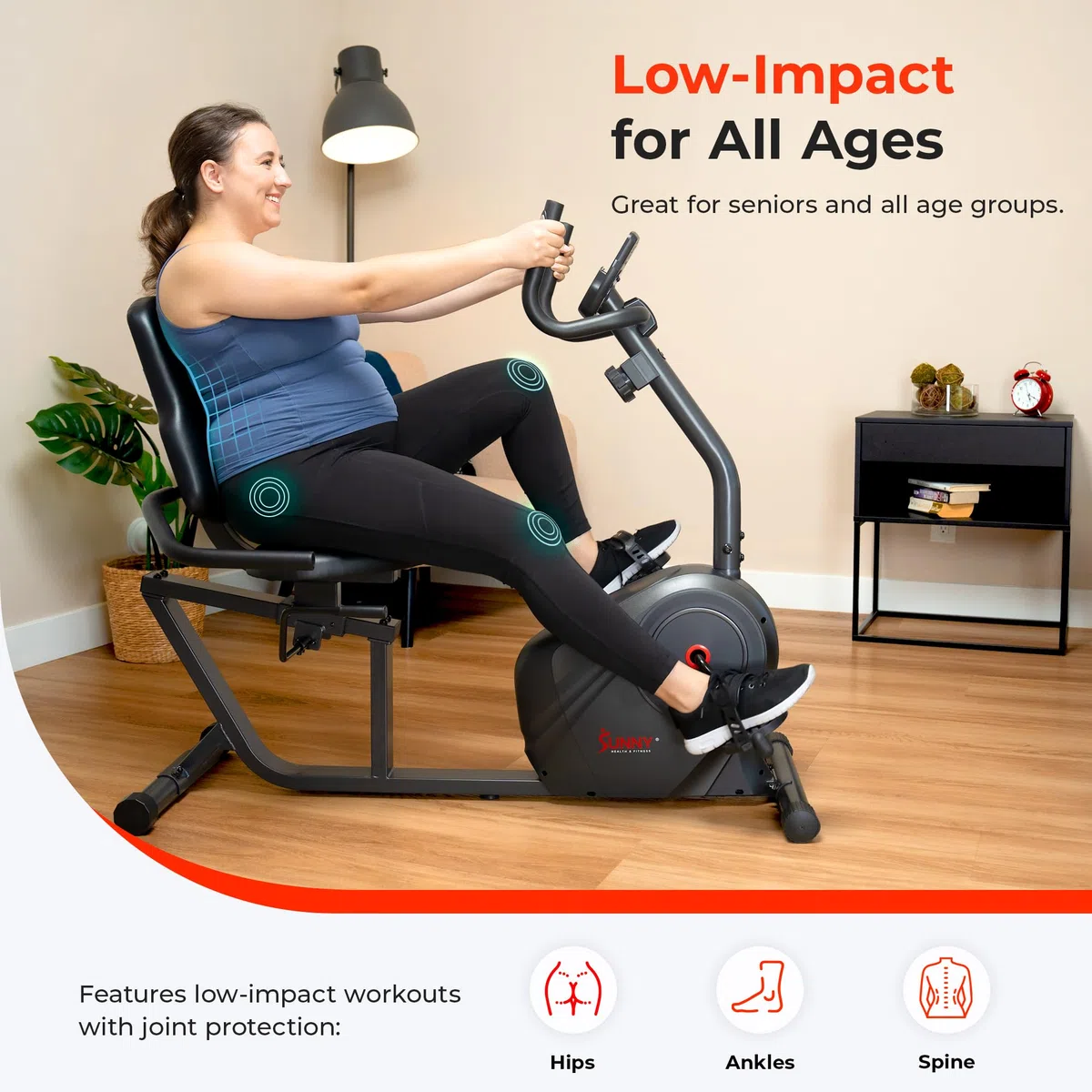 Sunny Health & Fitness Cyclette Orizzontale per a Basso Impatto Cardio | App SunnyFit, Resistenza Magnetica a 8 Livelli, Sedile Regolabile, Sensori Cardio, Portata Fino a 120 kg