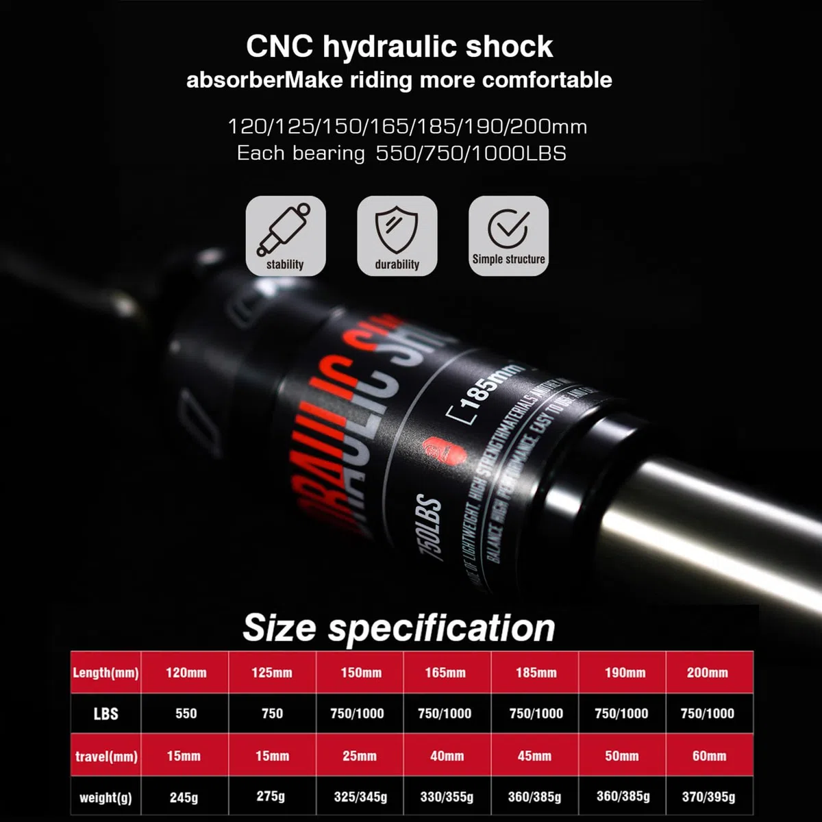 Ammortizzatore posteriore CNC per bicicletta, per mountain bike, ammortizzatore, 165 mm/125 mm/150 mm/190 mm
