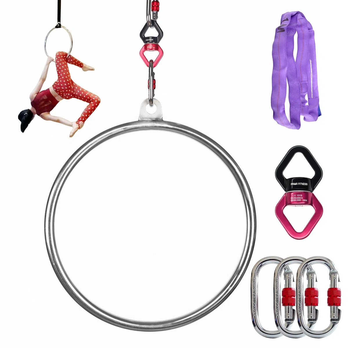 PRIOR FITNESS Cerchio aereo in acciaio inox da 45 cm - Set di cerchi per lo yoga - Cerchio per lo yoga aereo con accessori - Per l'acrobatica aerea e la ginnastica aerea