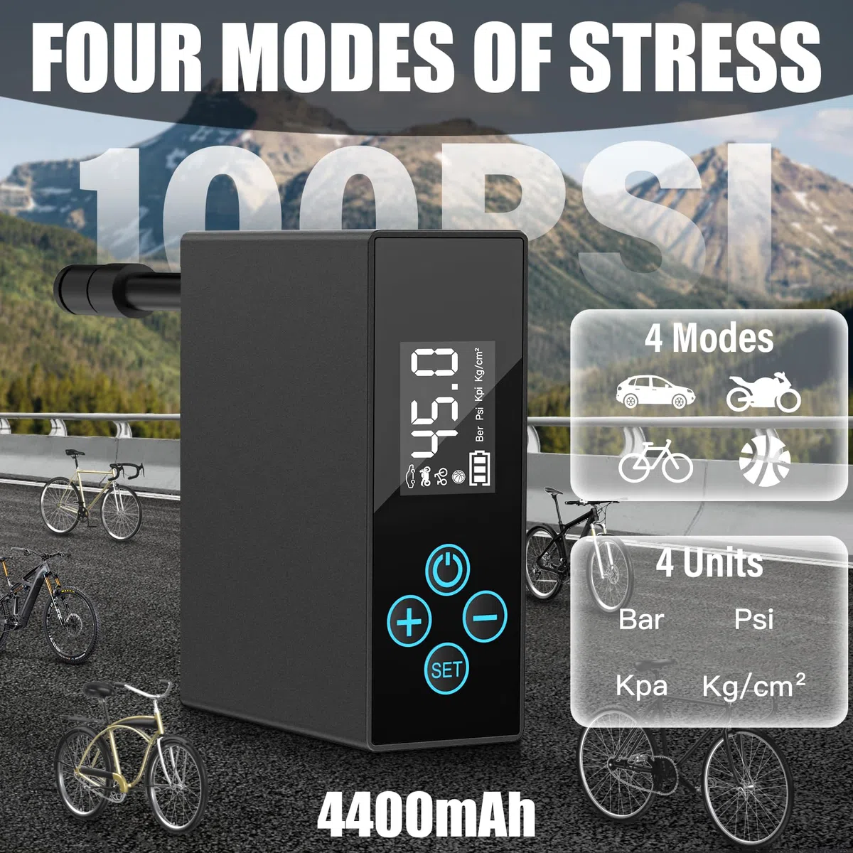 Pompa per Bicicletta Elettrica, Mini Manometro Digitale LCD per Pompa da Bici 4400 mAh, Pompa ad Aria per Bicicletta 100 PSI con Valvola Presta e Schrader per MTB, Bici da Città e Bici da Strada
