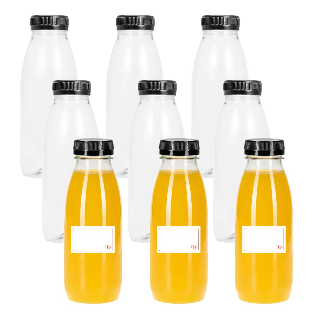 TEC Bottiglie di succo con coperchio, 250 ml, realizzate nel Regno Unito, 30% plastica PET riciclata, piccole, trasparenti, rotonde, anti-manomissione, mini drink (75)