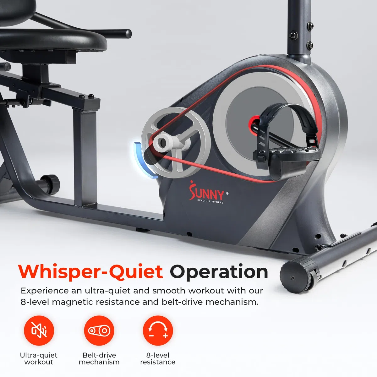 Sunny Health & Fitness Cyclette Orizzontale per a Basso Impatto Cardio | App SunnyFit, Resistenza Magnetica a 8 Livelli, Sedile Regolabile, Sensori Cardio, Portata Fino a 120 kg