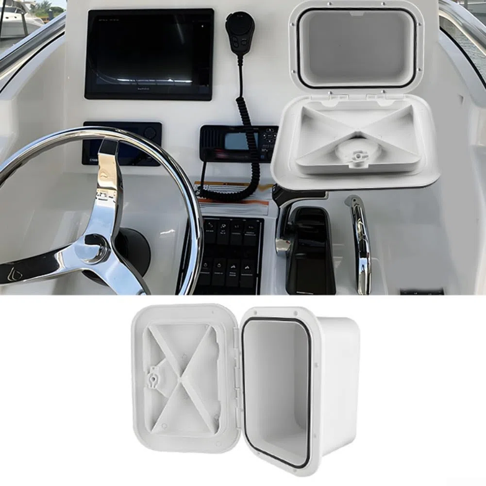 Scatola portaoggetti per attrezzatura da pesca integrata, in ABS, impermeabile, per barche, yacht, cabine, organizzazione 37,5 x 27 x 17,5 cm, bianco e nero