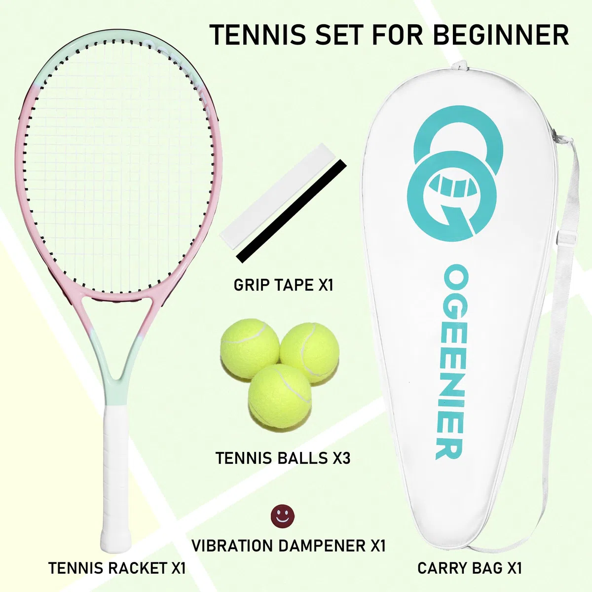 OGEENIER Rack da tennis, racchetta da tennis da 27 pollici, racchetta da tennis da donna, per adulti, principianti e per il tempo libero, leggera con 1 overgrip e 3 palline e 1 ammortizzatore da