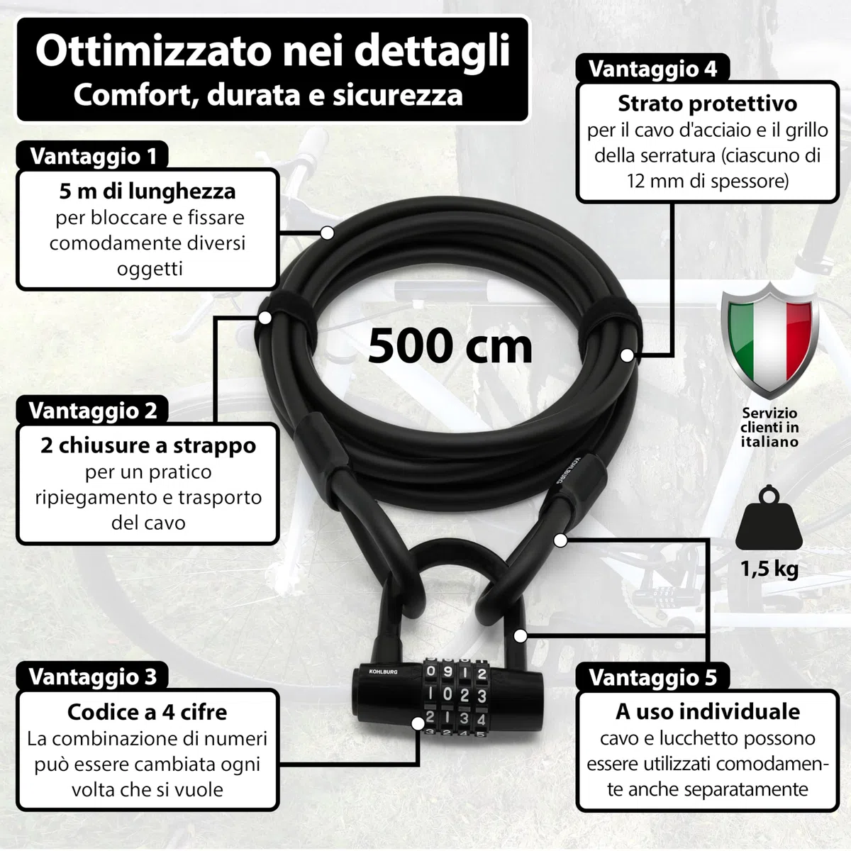 KOHLBURG Lucchetto a cavo 5 m con combinazione numerica – Antifurto in acciaio rivestito per bici, mobili da giardino, moto e barca Antifurto a cavo 5 metri