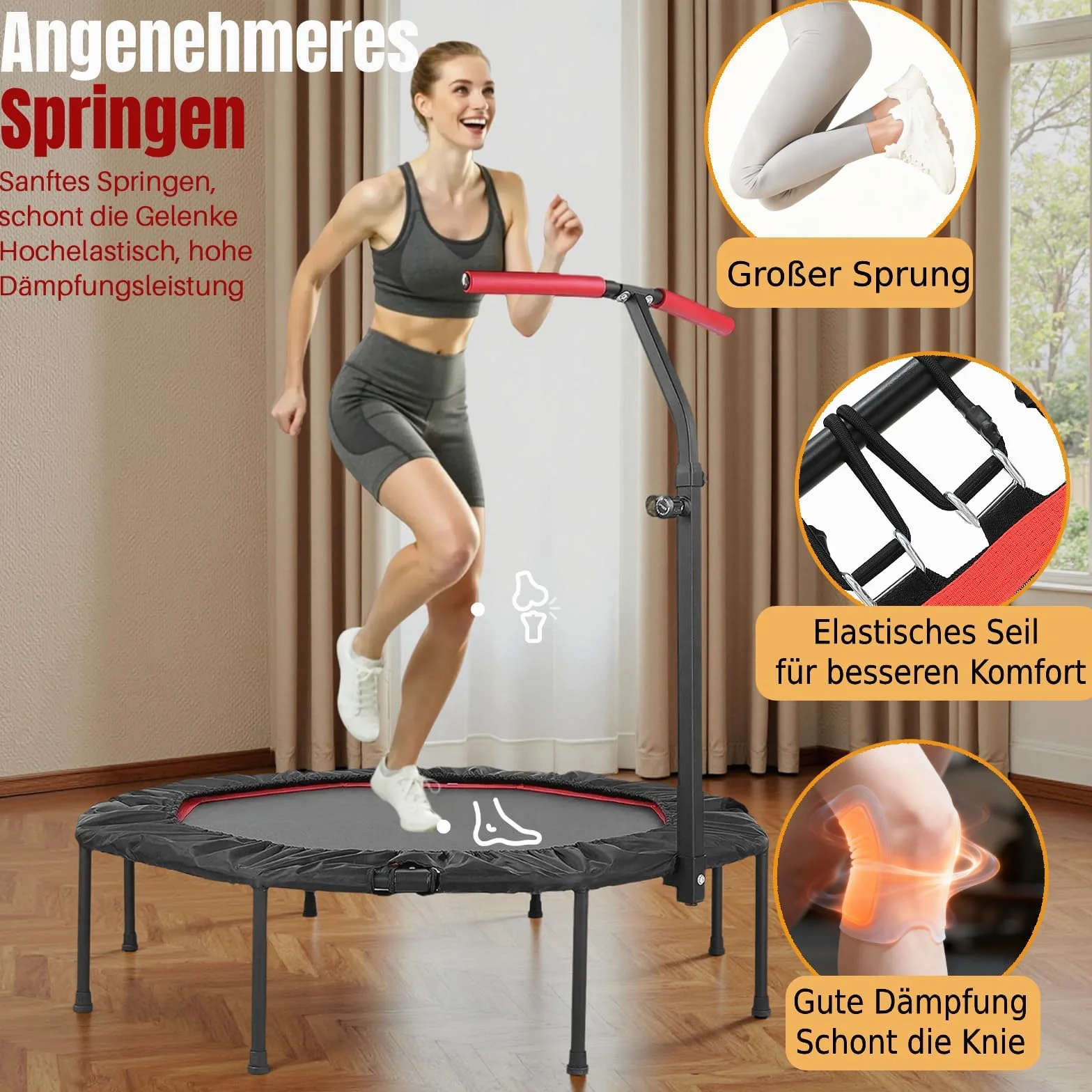 LIFERUN Mini trampolino elastico da interno per adulti Ø128 cm,Piccolo trampolino elastico da fitness,Jump Rebounder per allenamento,Capacità di carico 150 kg,Maniglie regolabili,Casa,Rosso