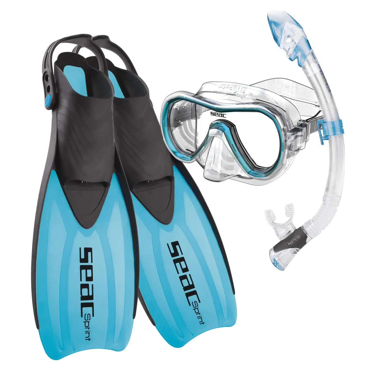 SEAC Sprint Dry Set Snorkeling con Pinne a Cinghiolo Regolabile, Maschera e Snorkel con Dry Top Unisex Adulto