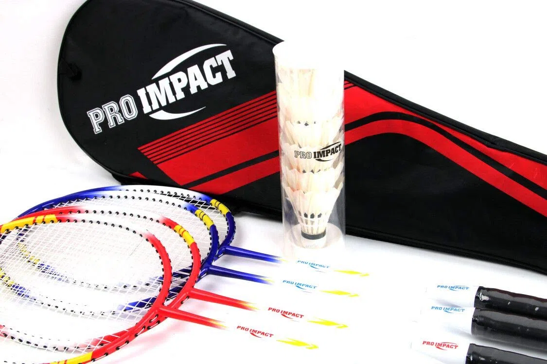 Set da badminton con testa in alluminio e asta in acciaio, include racchette, volani con piume e custodia per il trasporto, giochi all'aperto per bambini, adulti e famiglia (4 racchette, 6