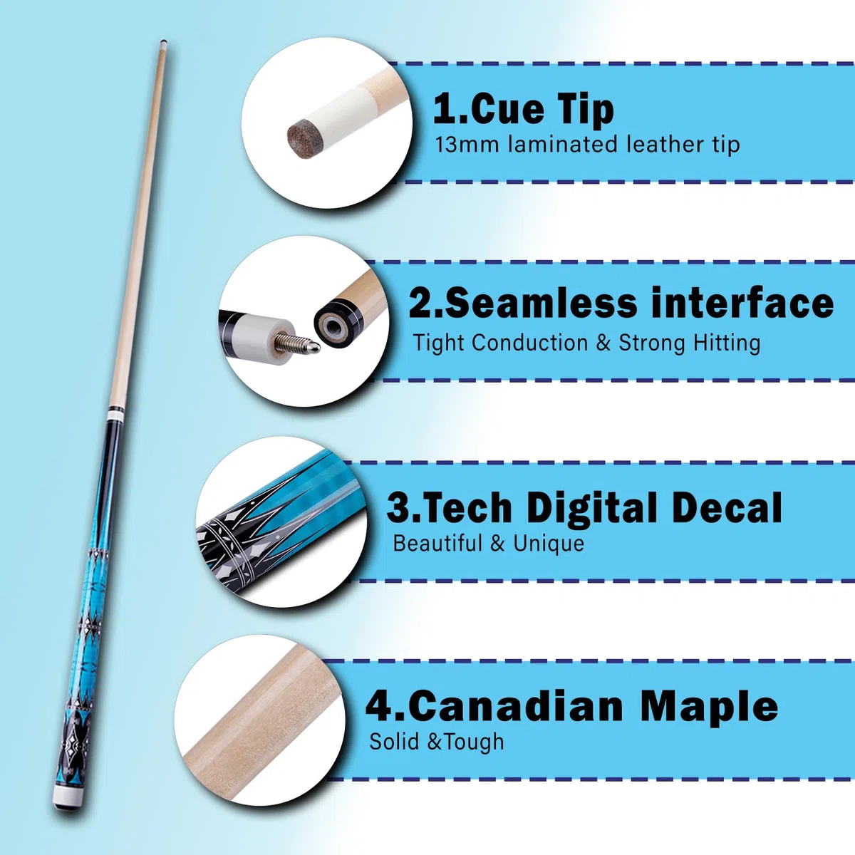 13mm 58 Pollici 19 20 Once Stecche Biliardo Pool,1/2 Maple Pool Cue Stick,Bastone da Biliardo da Bar per Uomini e Donne.